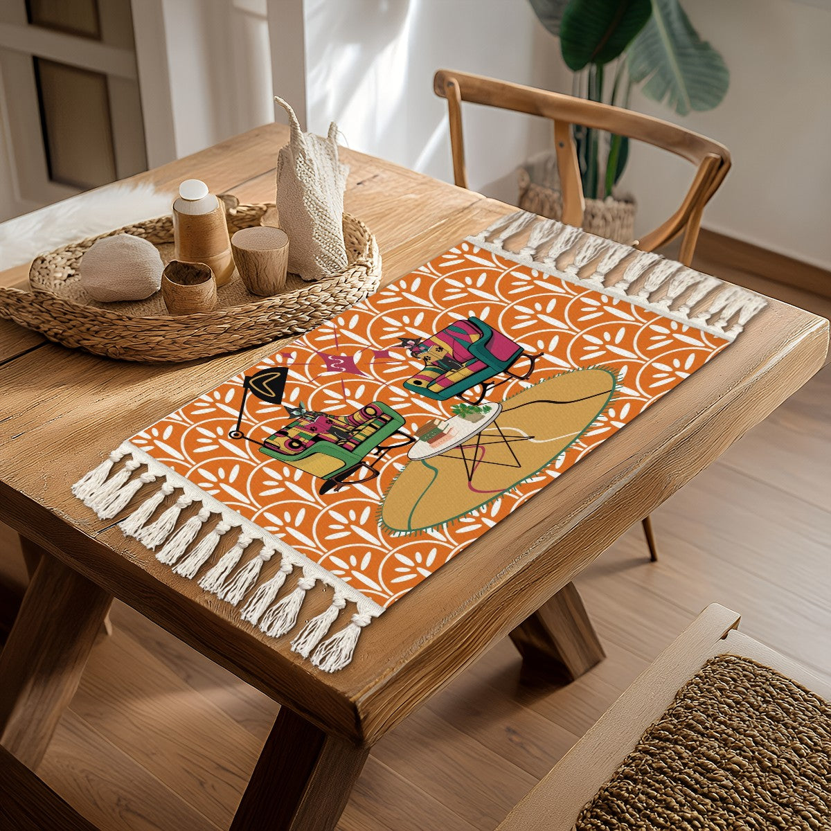 Atomic Cat, Book Lover, Book Club Gift, Coffee Table Mat Placemat with Tassels - Mid Century Modern Gal