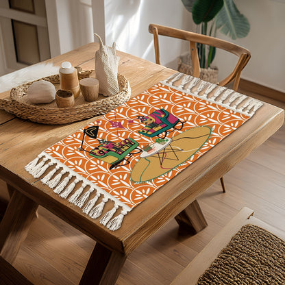Atomic Cat, Book Lover, Book Club Gift, Coffee Table Mat Placemat with Tassels - Mid Century Modern Gal