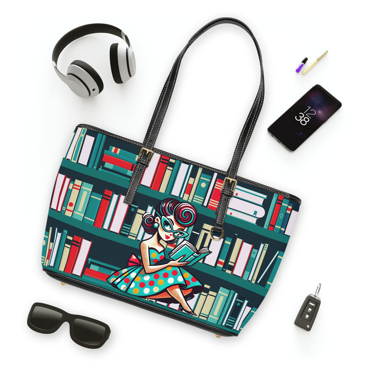 Book Lover Retro Gal Kitschy Shoulder Bag - Stylish Tote with Reading Design - Mid Century Modern Gal