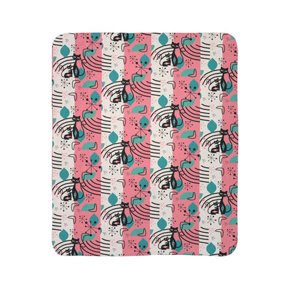 Mid-Century Modern Atomic Cat Pink Teal Retro Cat Fleece Sherpa Blanket - Cozy &amp; Stylish - Mid Century Modern Gal