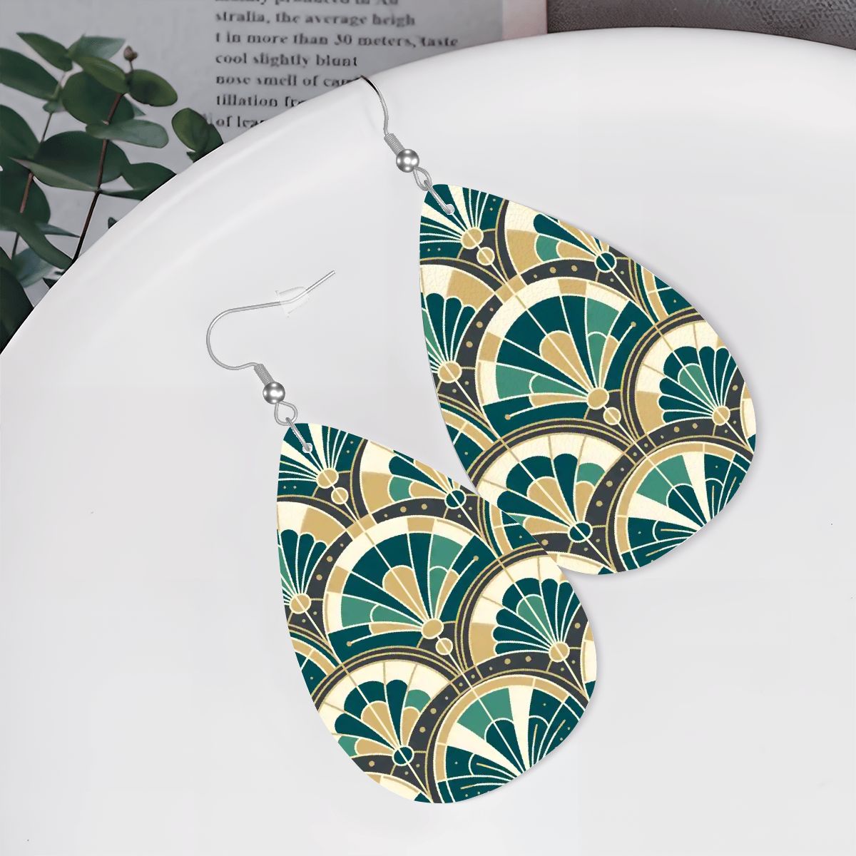 Art Deco Peacock Inspired Vegan Leather Teardrop Earrings - Mid Century Modern Gal