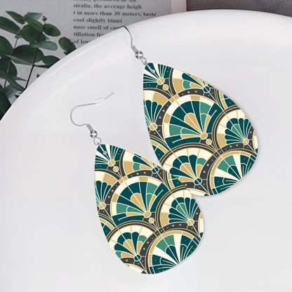 Art Deco Peacock Inspired Vegan Leather Teardrop Earrings - Mid Century Modern Gal
