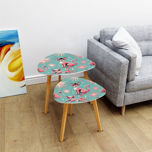 Atomic Aqua Pink Starburst Mid Century Modern Nesting Tables, Kitschy Pink Kitties
