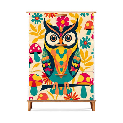 Retro 1970s Owl Mushroom Floral Mid Mod Shoe Storage Cabinet - Mid Century Modern Gal