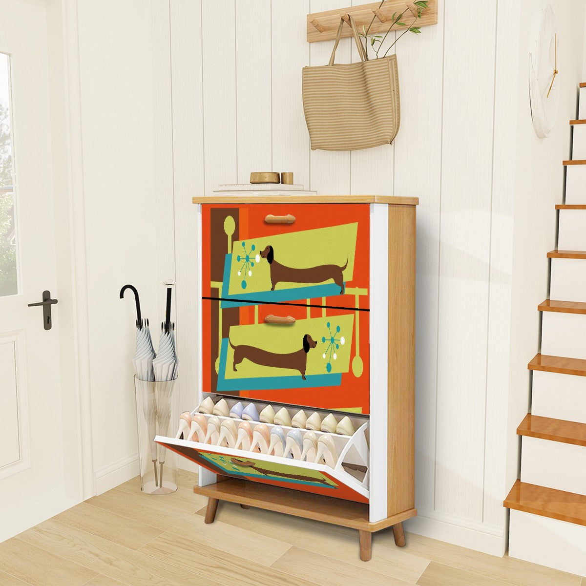 Mid Century Modern Doxie Weiner Dog Lover Retro Orange Shoe Storage Cabinet - Mid Century Modern Gal
