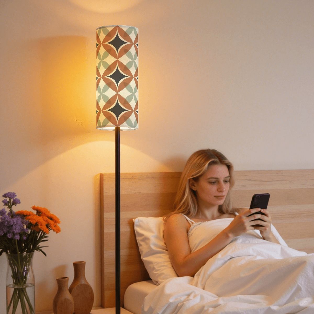 Mid Century Modern Interlocking Geometric, Terracotta Sage Charcoal Slim Floor Lamp