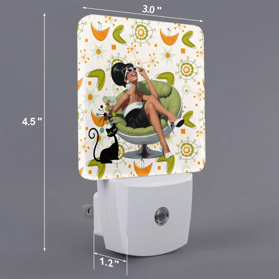 Mid Mod 60s Gal, Martini Lover, Atomic Cat Orange Green Starburst LED Night Light Set of 2 - Mid Century Modern Gal