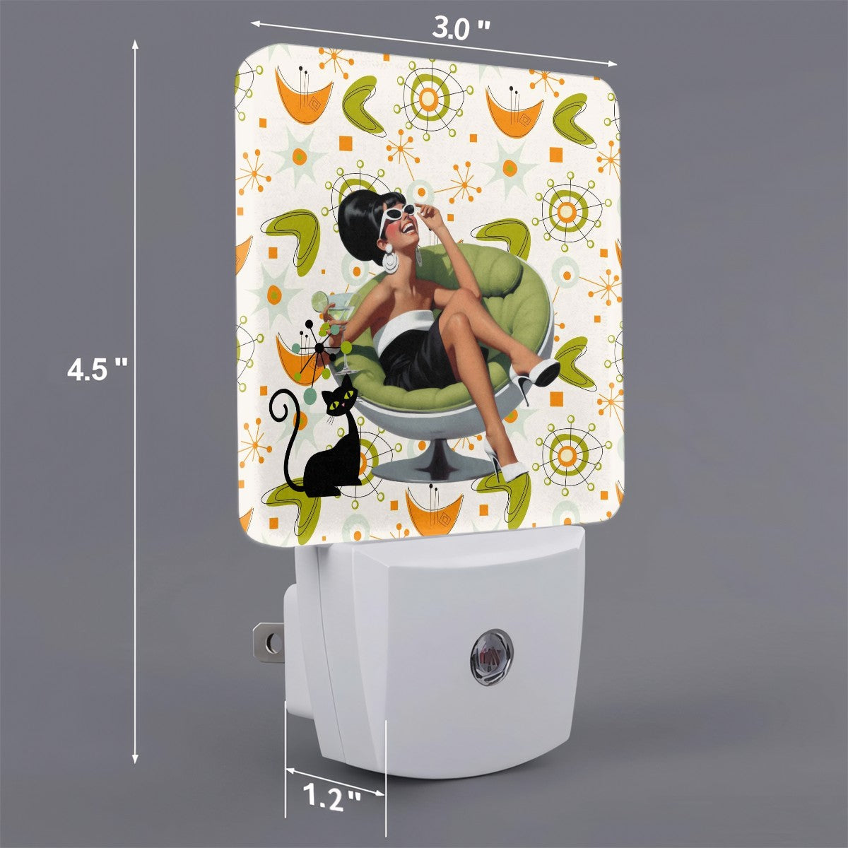 Mid Mod 60s Gal, Martini Lover, Atomic Cat Orange Green Starburst LED Night Light Set of 2 - Mid Century Modern Gal