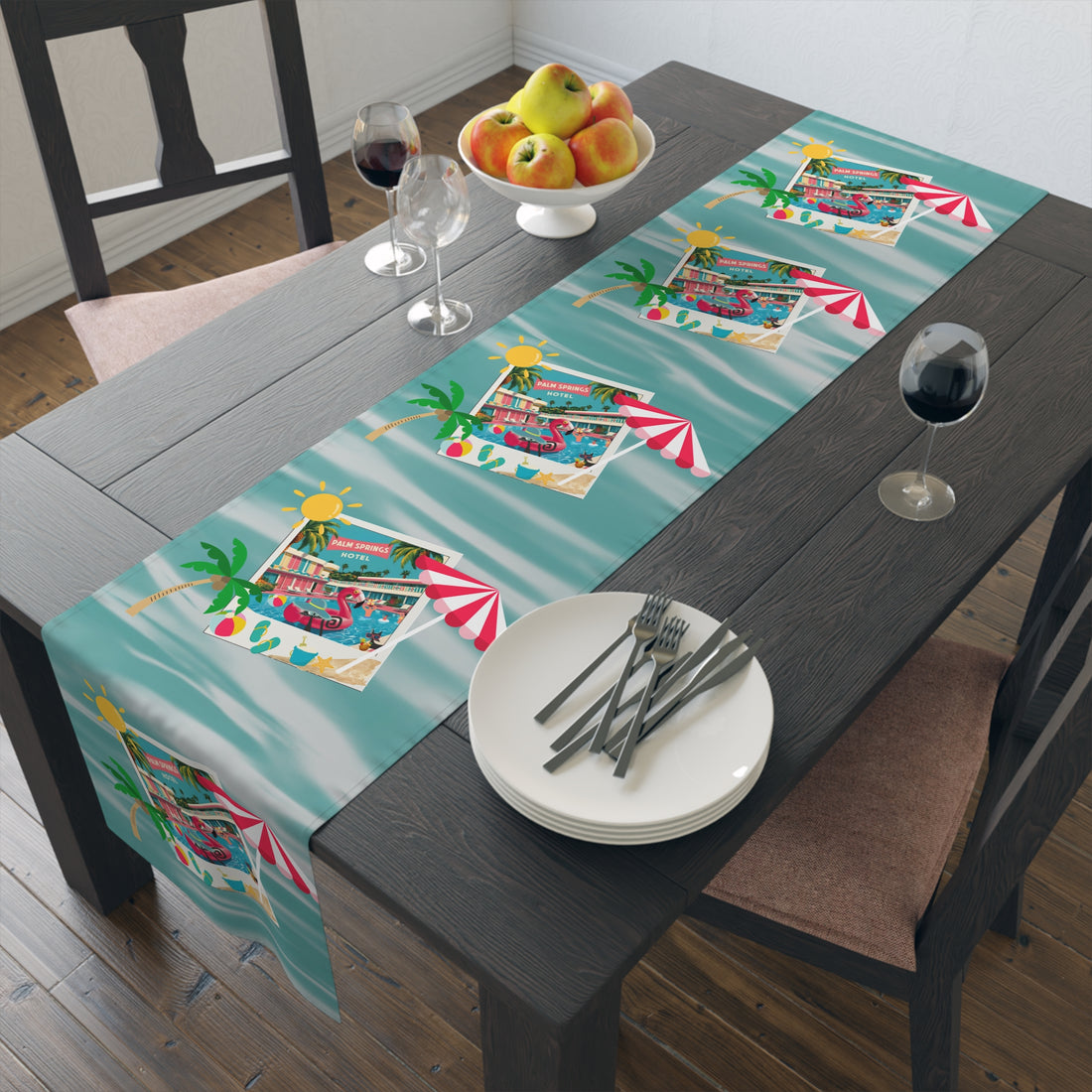 Hotel California, Kitschy Mod Flamingo Atomic Cat, Mid Mod Party Tropical Paradise Table Runner - Mid Century Modern Gal