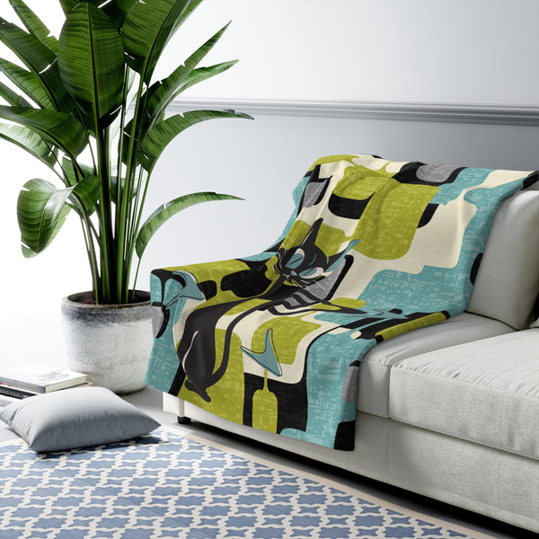 Atomic Cat Blanket, Kitschy Mod Geometric Designed, MCM Sherpa Fleece Blanket