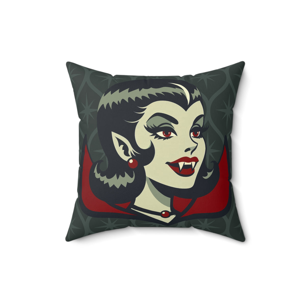 Vampire Dracula Girl Halloween Goth Horror Buff MCM Green Pillow Cover and Insert - Mid Century Modern Gal