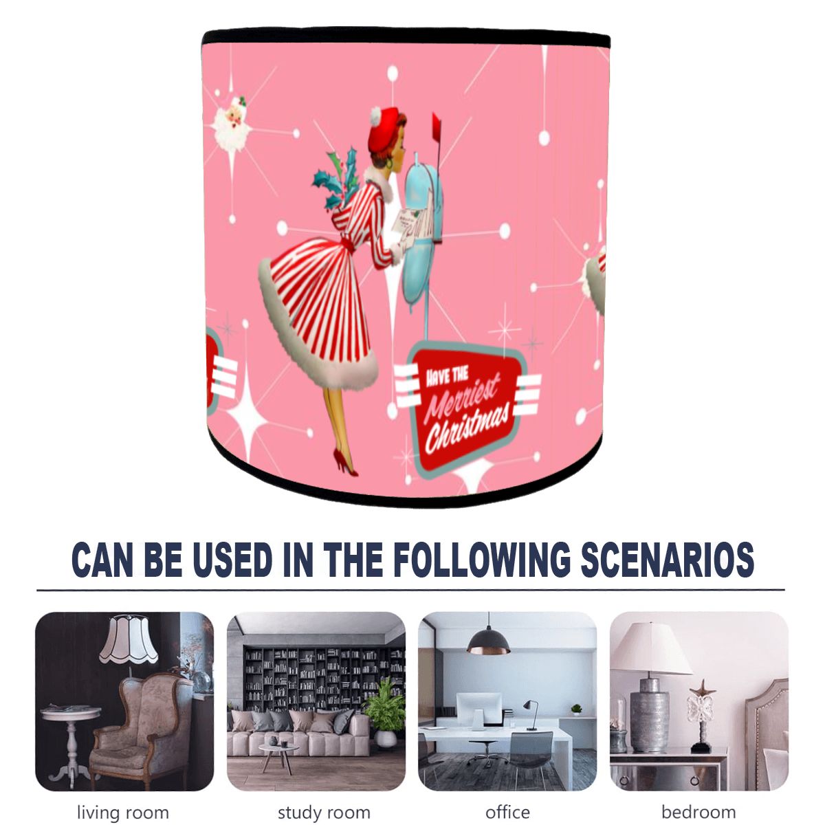 Kitschy Mid Mod Christmas Bamboo Drum Lampshade, Atomic Pink, Retro Santa Holiday Accent Shade - Mid Century Modern Gal