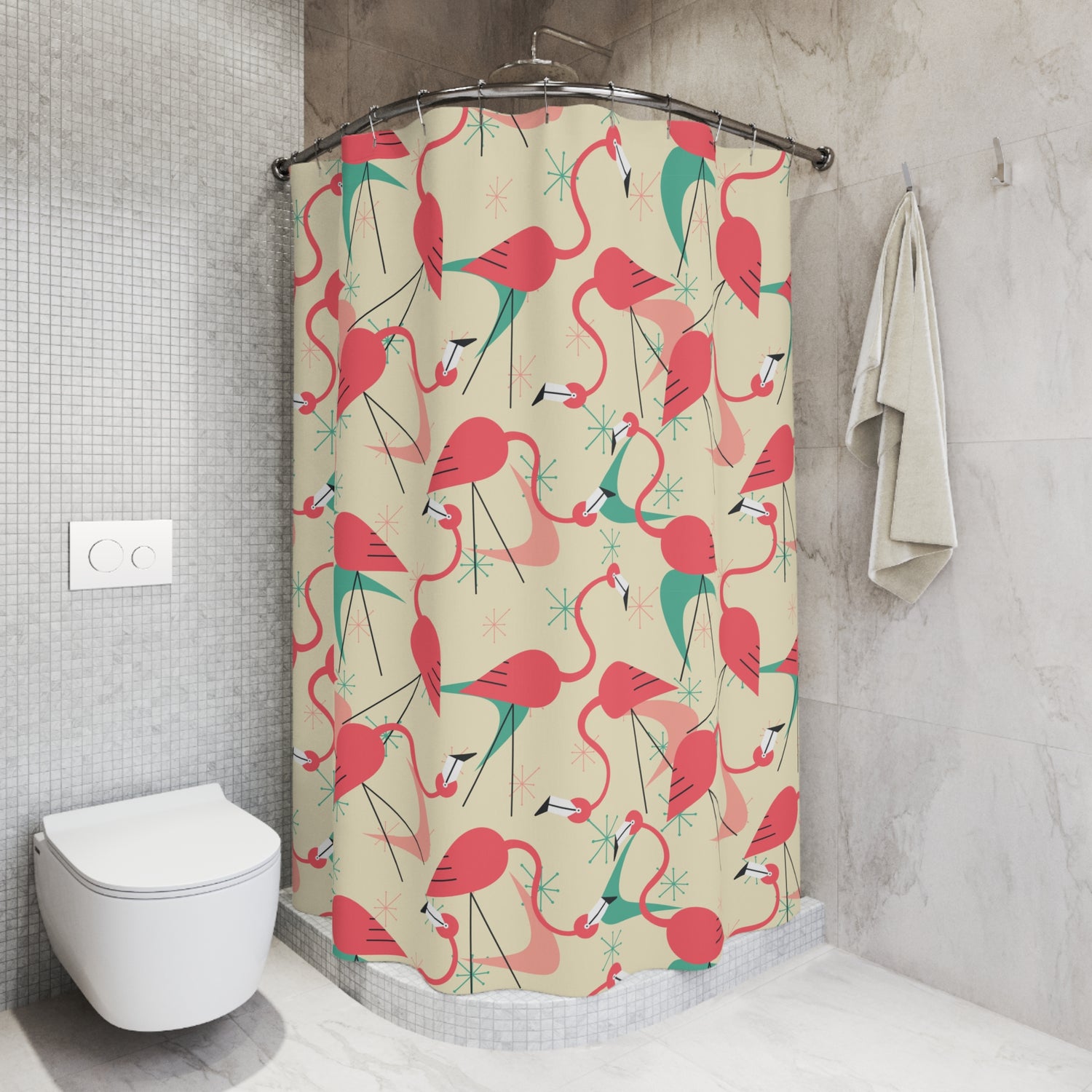 Palm Springs California Kitschy Mod Tropical Flamingo Shower Curtain Retro Summer Vibes - Mid Century Modern Gal