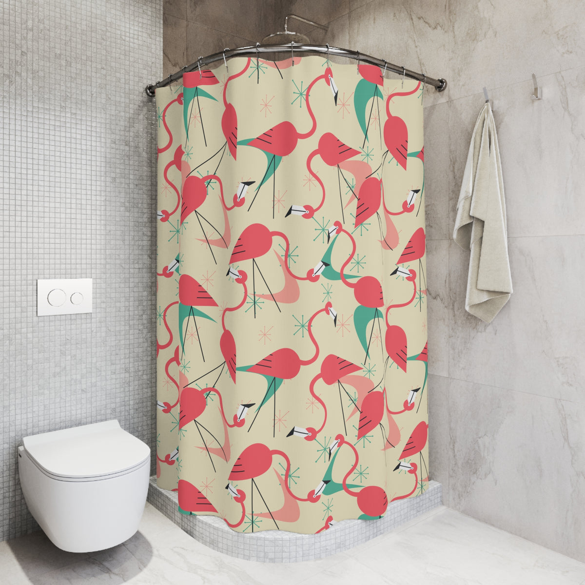 Palm Springs California Kitschy Mod Tropical Flamingo Shower Curtain Retro Summer Vibes - Mid Century Modern Gal