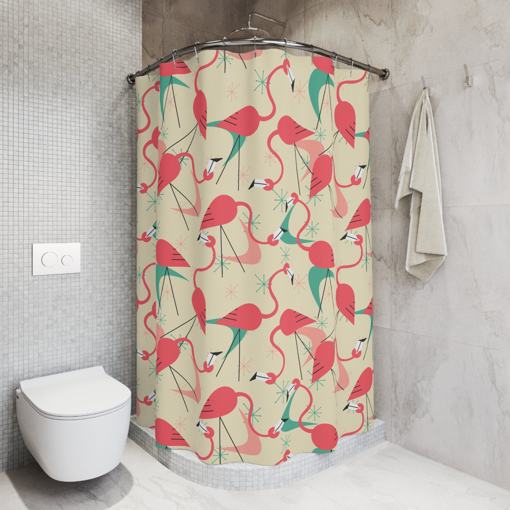 Palm Springs California Kitschy Mod Tropical Flamingo Shower Curtain Retro Summer Vibes - Mid Century Modern Gal