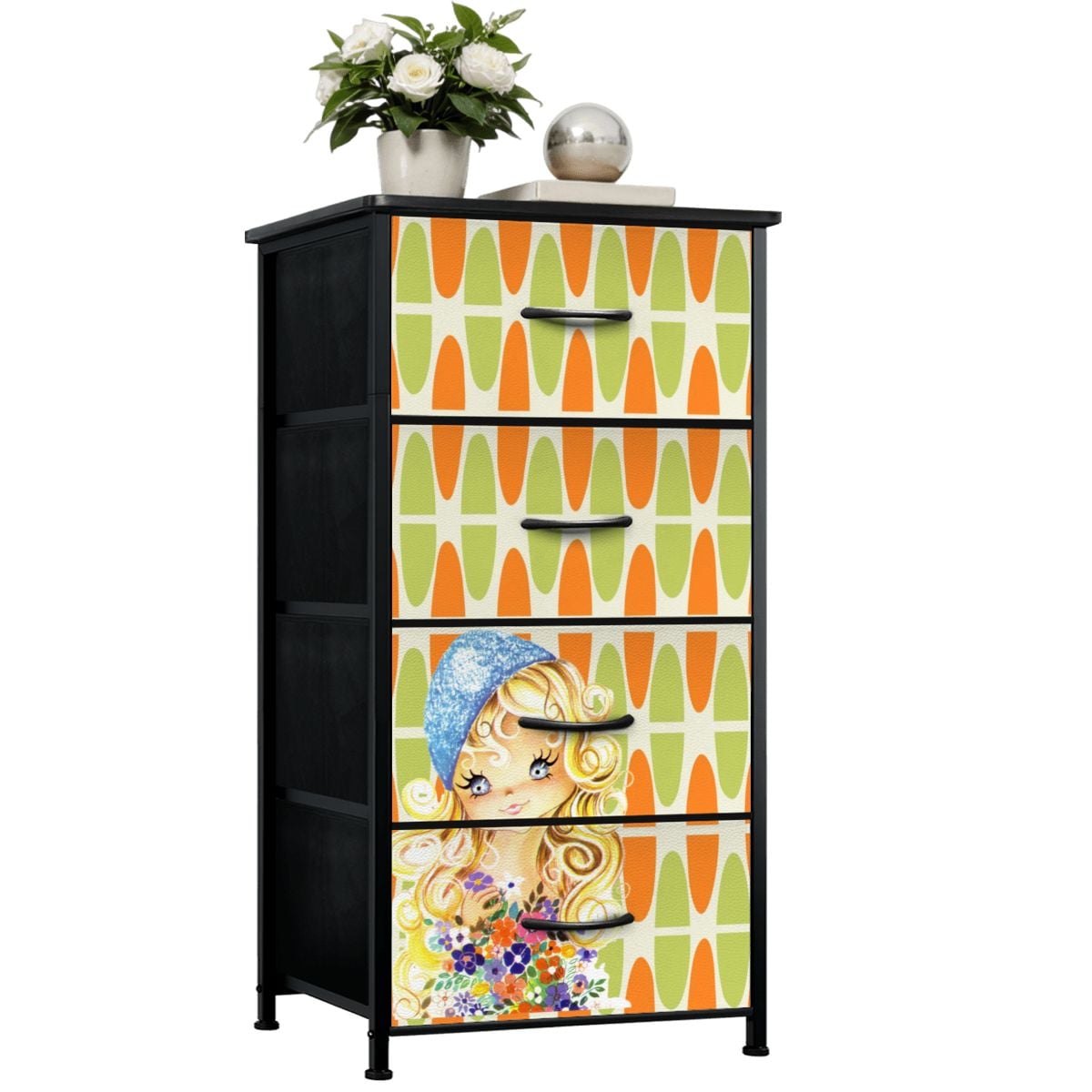 Retro 60s 70s Big Eyed Girl Mid Mod Orange Green Mid Century Modern 4-Drawer Dresser - Mid Century Modern Gal