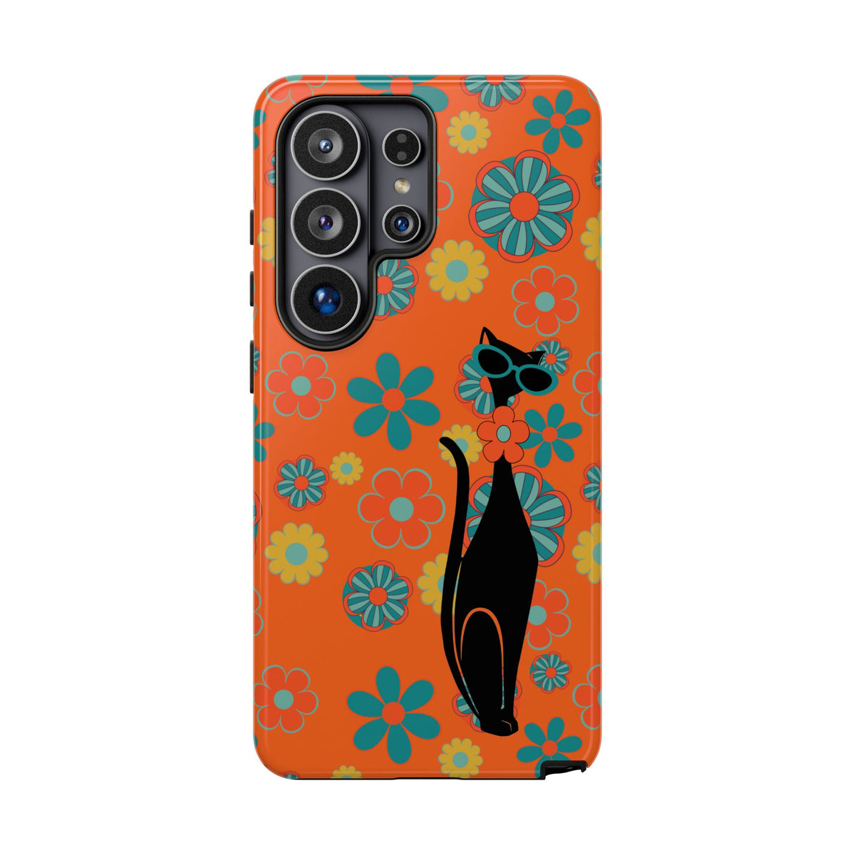 Flower Power, Retro Groovy Atomic Cat, Hipster Style Orange Samsung Galaxy and Google Pixel Tough Cases
