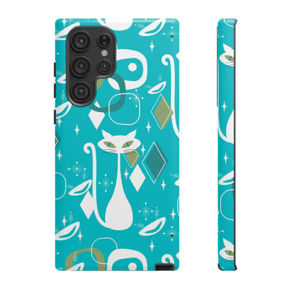 Atomic Cat Space Designs, Mid Century Modern, Aqua, White Kitschy Cat Tough Phone Case