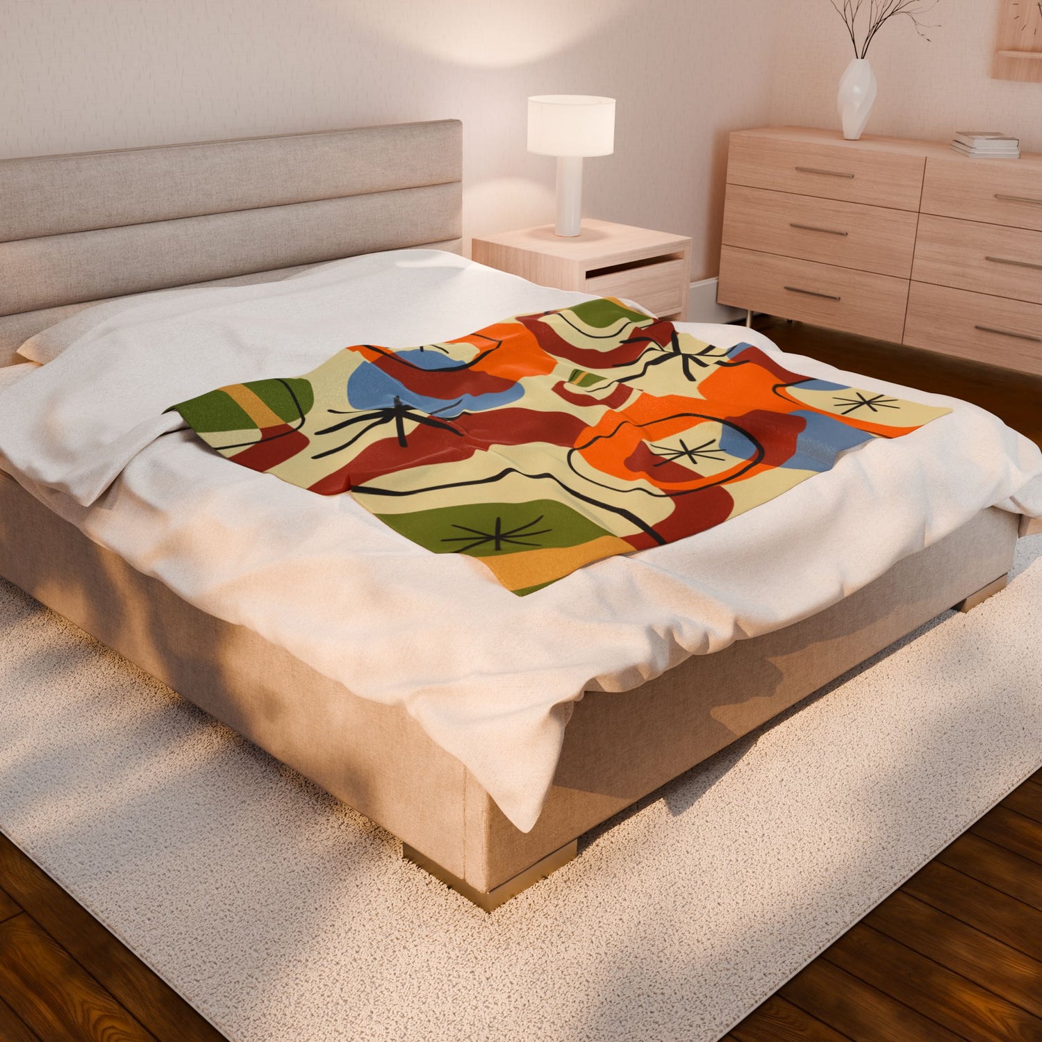 Retro Geo Pattern THIN Cozy, Warm Mid Century Modern Groovy Green, Orange, Blue, Black, Light Beige Background Velveteen Plush Blanket - Mid Century Modern Gal