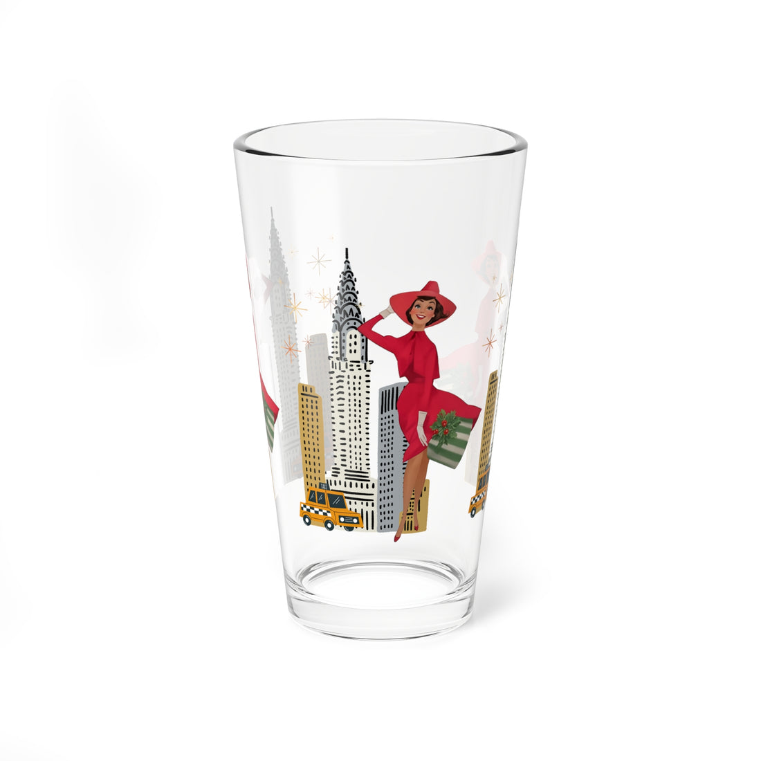 Mid Century Modern Christmas Glam Gal Chic NYC Mixing Glass - 16oz Decorative Drinkware with Iconic Skyline and Holiday Celebration Design - Mid Century Modern Gal