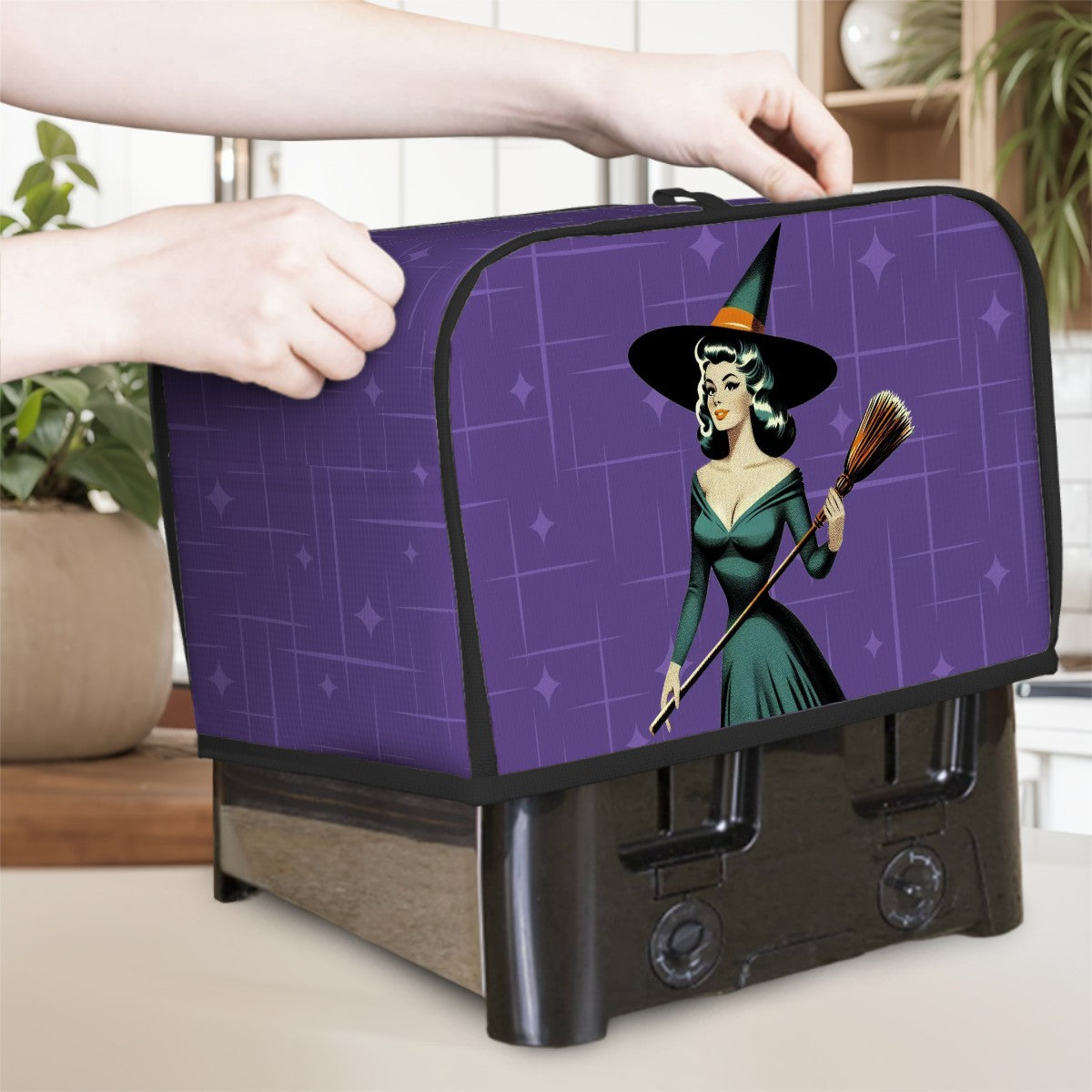Mid Century Modern Vintage Pin Up Witch Purple Teal Halloween 2 Slice Toaster Cover - Mid Century Modern Gal