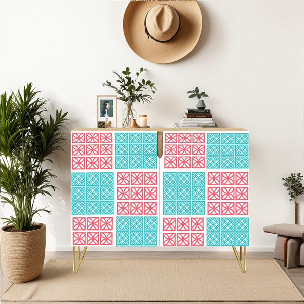 1950s Breeze Block Design, Coral, Aqua Mid Century Modern Wooden Storage Cabinet