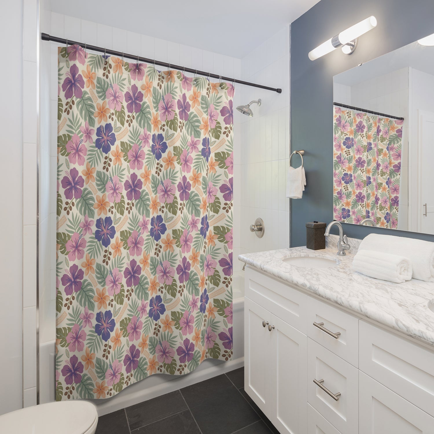 Retro Tropical Tiki Summer, Hawaiian Hibiscus Purple Shower Curtain - Mid Century Modern Gal