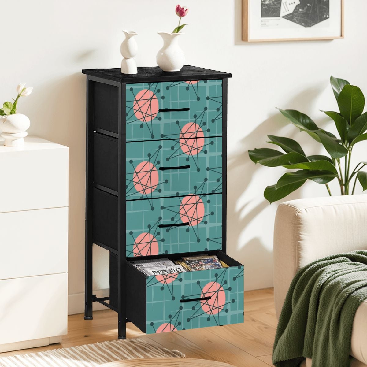Mid Century Modern Atomic Starburst Teal Pink 4-Drawer Dresser - Mid Century Modern Gal