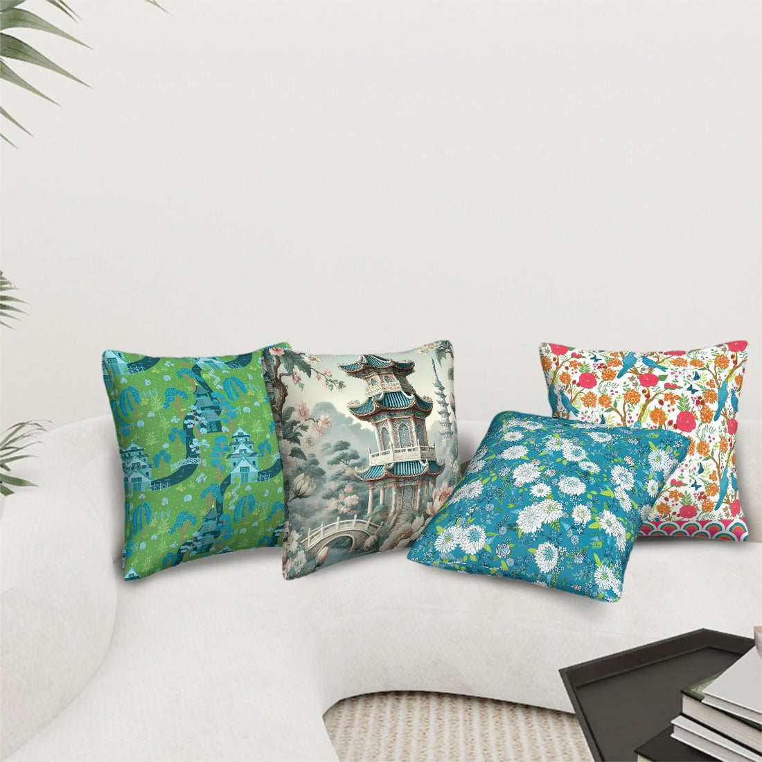 Chinoiserie Asian Inspired Floral Pagoda Pillow Covers