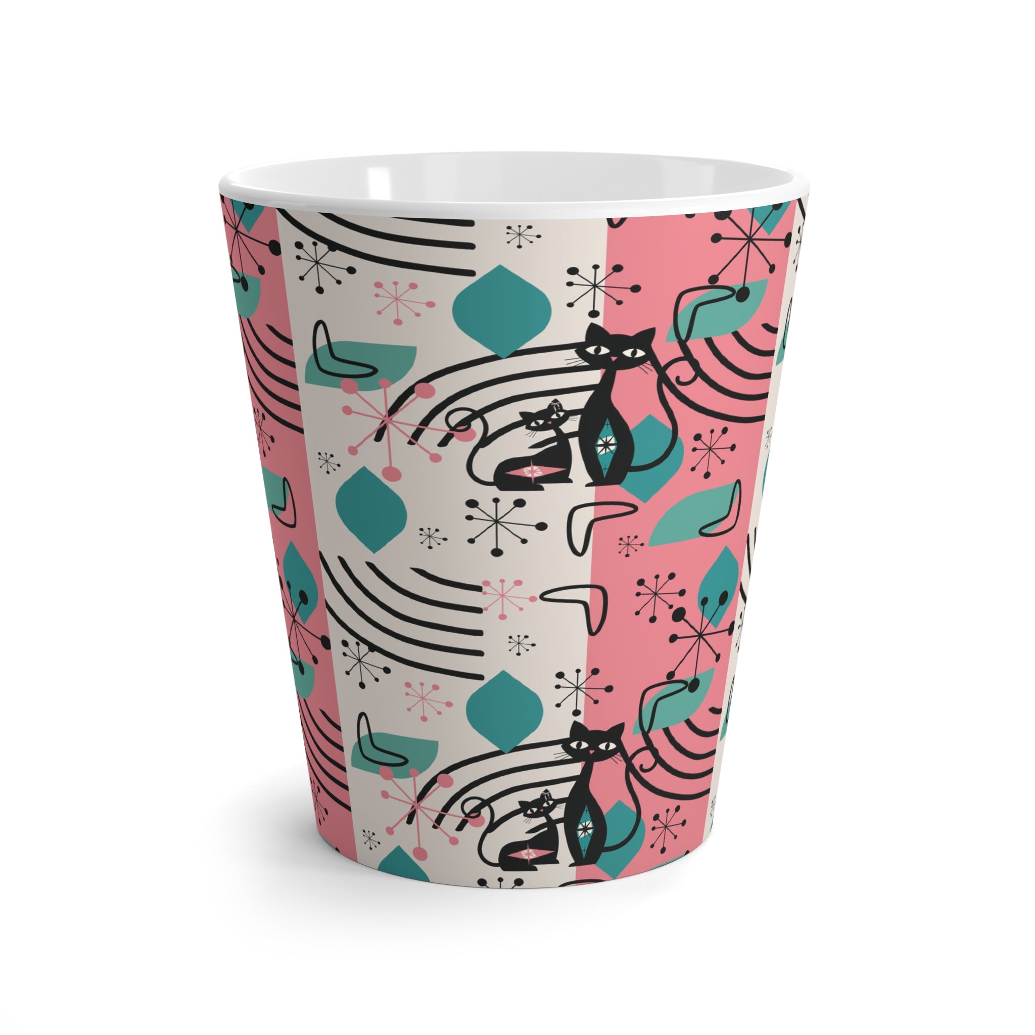 Atomic Space Kitties, Kitschy Retro Latte Mug Whimsical Cat Latte Mug - Colorful &amp; Cheery Coffee Cup for Cat Lovers - Mid Century Modern Gal