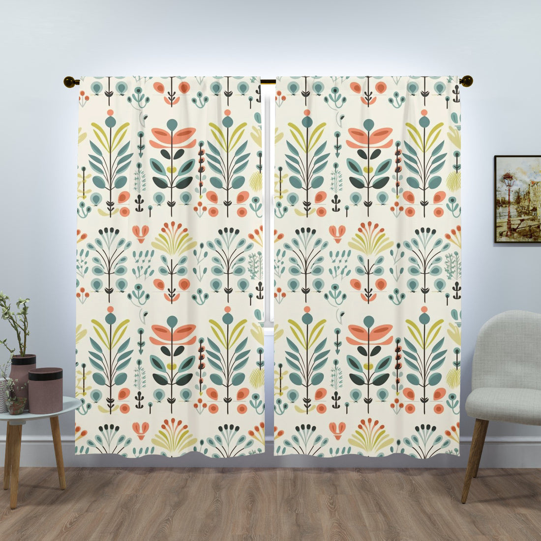 Mid Century Modern Danish Scandinavian Floral Window Curtains (two panels)