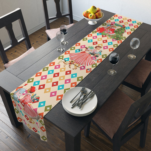 Vintage Holiday Table Runner with Retro Christmas Design