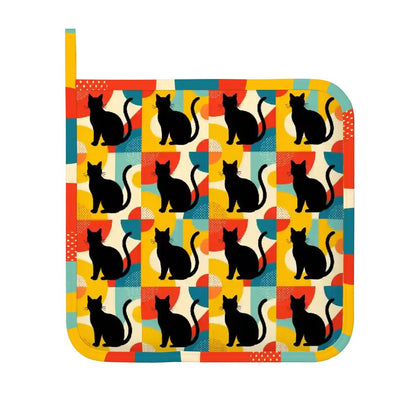 Pop Art Black Atomic Cats, Red Blue Yellow, Silicone Oven Mitts and Pot Holders Sets (Right Hand) - Mid Century Modern Gal