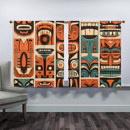 Tiki Idol Mid Mod Retro Orange, Teal Beige Window Curtains (two panels)