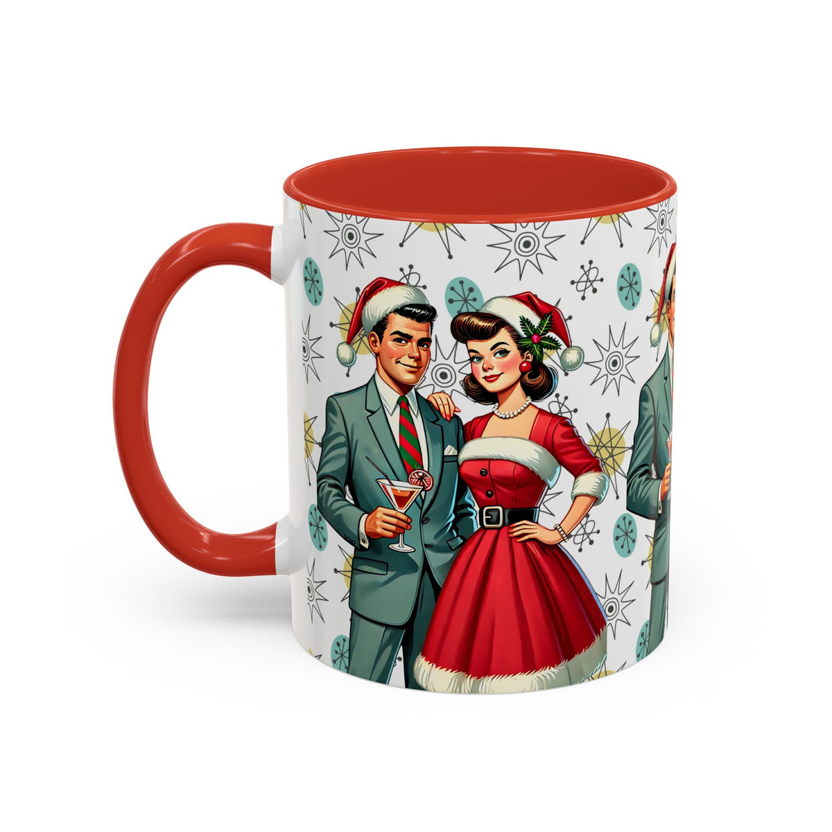 Mid Century Modern 50s Christmas mug featuring a Franciscan Starburst pattern with retro couple in festive attire.