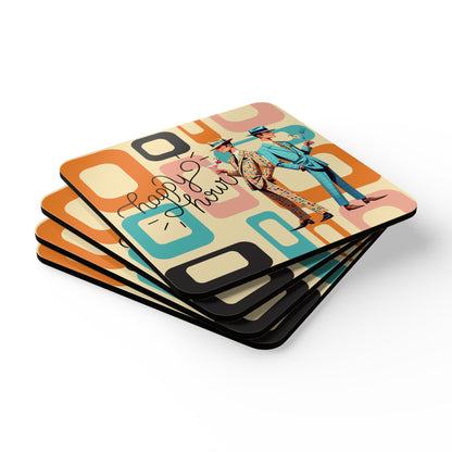 Mid Century Modern Gay Male Pride, Kitschy Fun Happy Hour Tabletop Corkwood Coaster Set