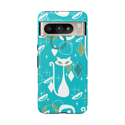 Atomic Cat Space Designs, Mid Century Modern, Aqua, White Kitschy Cat Tough Phone Case