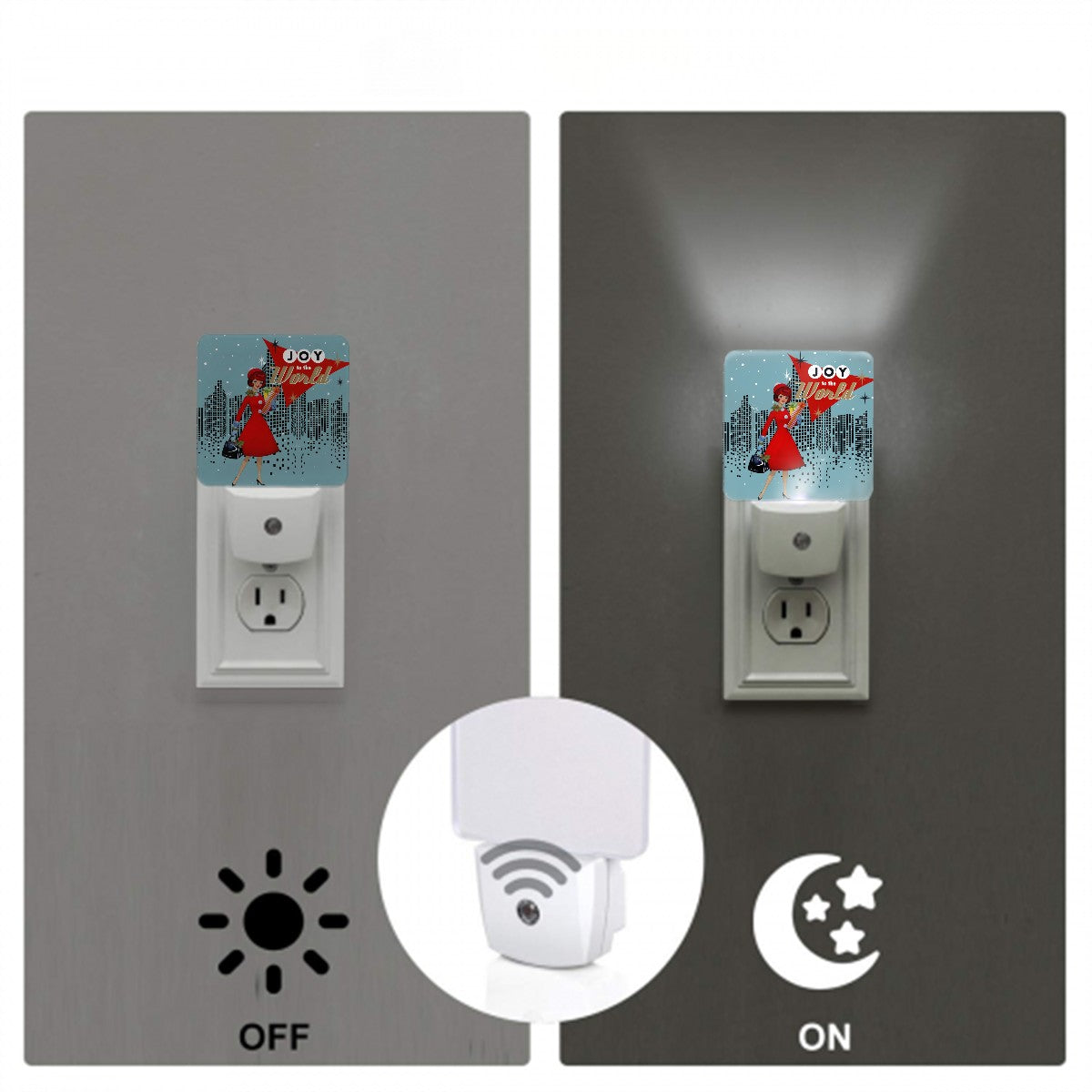 Mid Century Modern Christmas 50s Retro City Gal Joy To The World LED Night Light Set of 2 - Mid Century Modern Gal