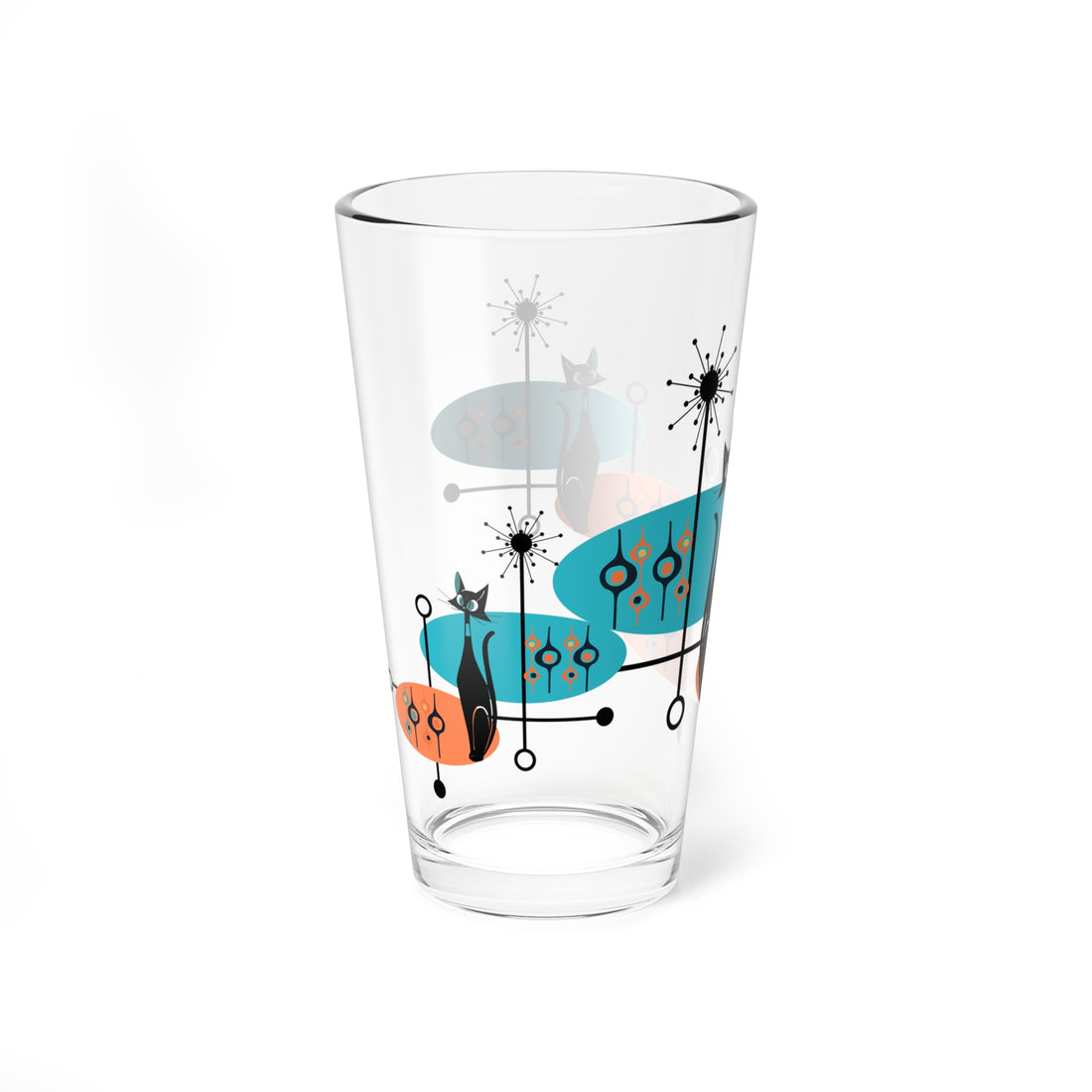 Kitschy Black Atomic Cat Glassware, Linear Lines, Mid Century Modern Barwarem Orange, Teal Sputnik Designed, 50s Cocktail Glass