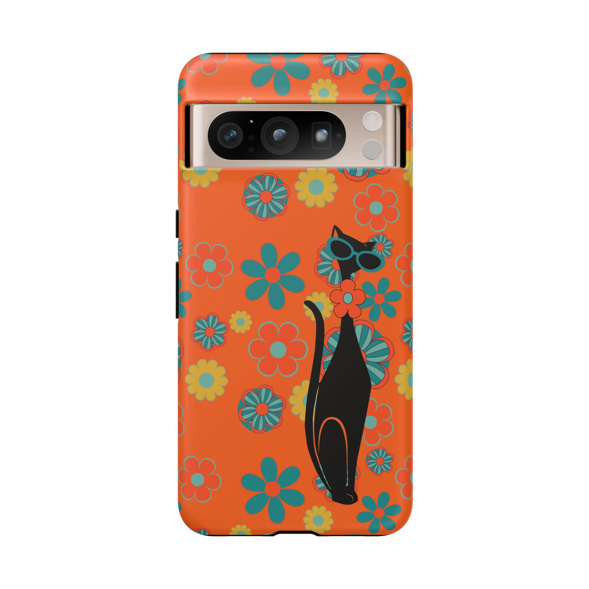 Flower Power, Retro Groovy Atomic Cat, Hipster Style Orange Samsung Galaxy and Google Pixel Tough Cases