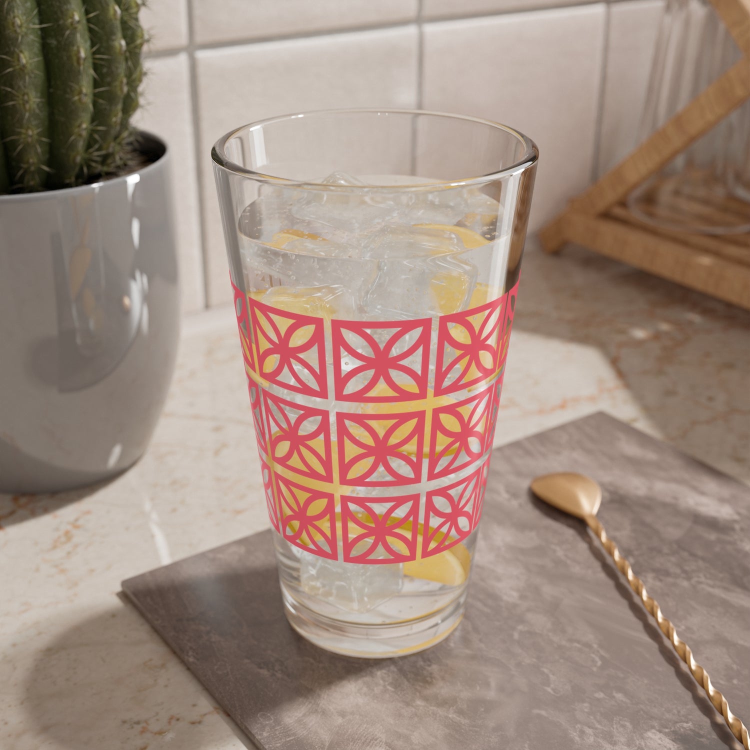 Coral Breeze Block Kitschy Mod 50s Palm Springs, Stylish Glass with Geometric Pattern - Perfect for Entertaining and Home Bar - Mid Century Modern Gal