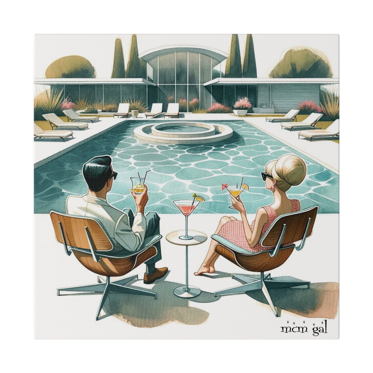 Palm Springs California, Pool, Cocktails, 50s Style Mid Century Modern Wall Art Canvas