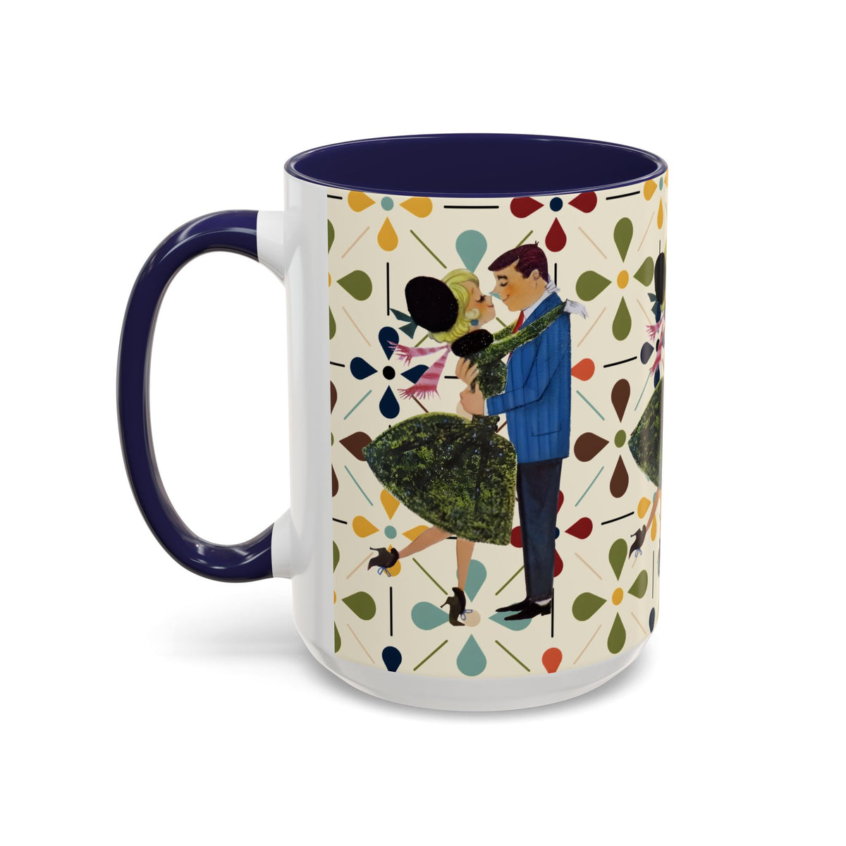 Mid Century Modern 50s Christmas mug featuring a couple dancing among colorful Scandi flower patterns.
