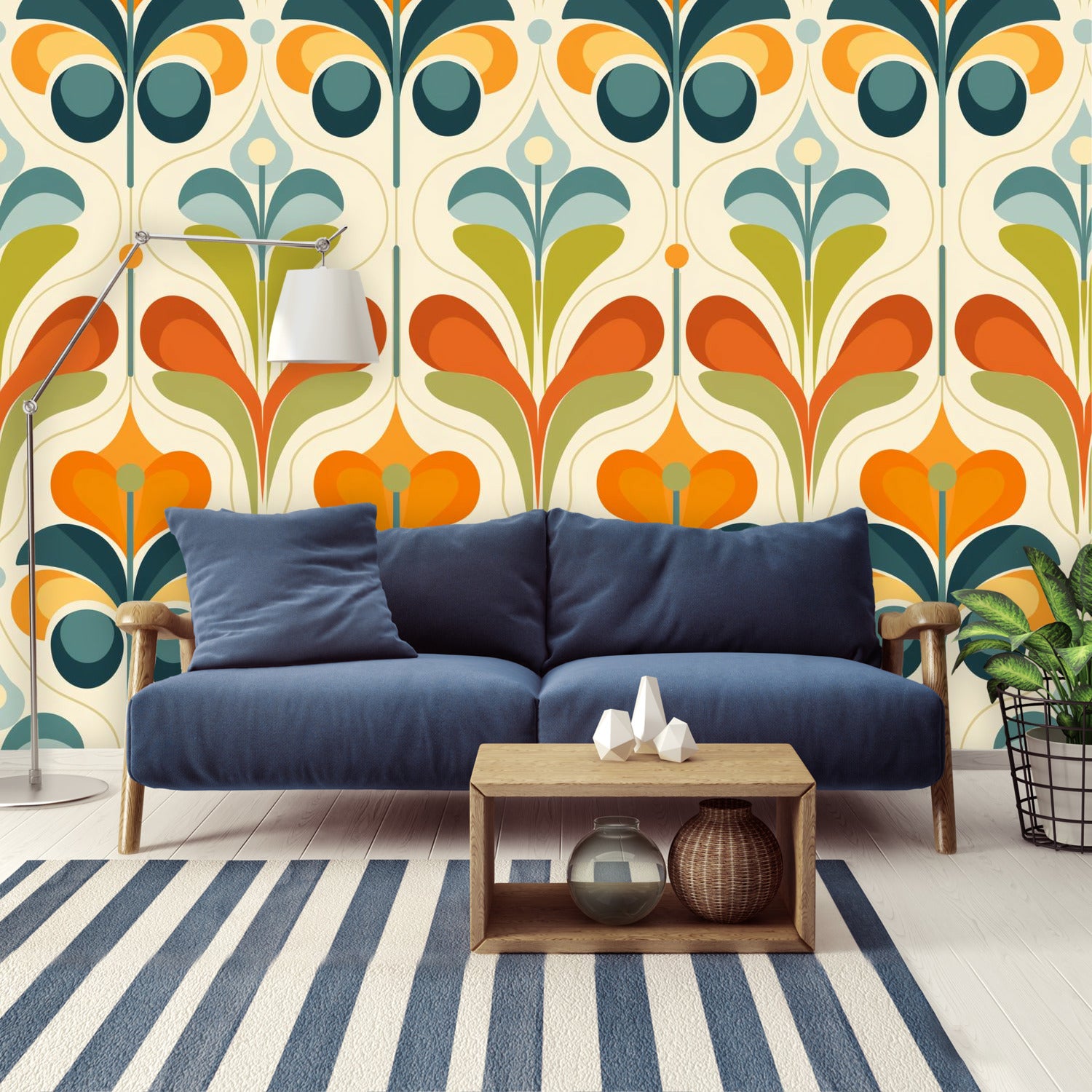 Scandinavian Floral Orange Blue, Green, Mid Mod Peel And Stick Wall Murals - Mid Century Modern Gal