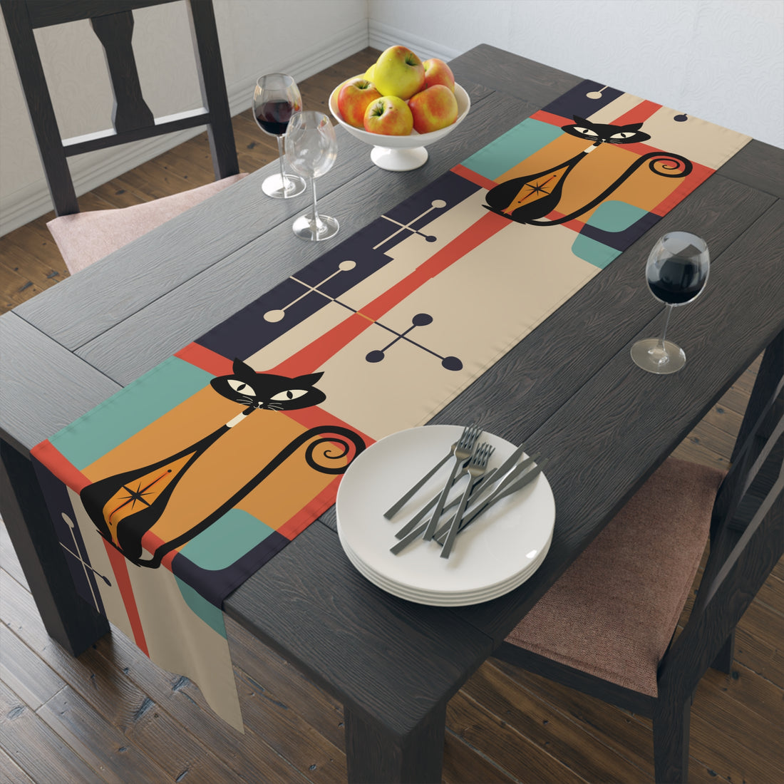 Atomic Cat Table Runner, Mid Century Modern Geometric Kitschy Mod Style