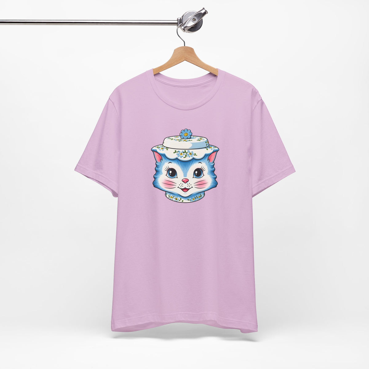 Mid Century Modern Kitschy Anthropomorphic Blue Cat with Floral Hat Unisex T-Shirt