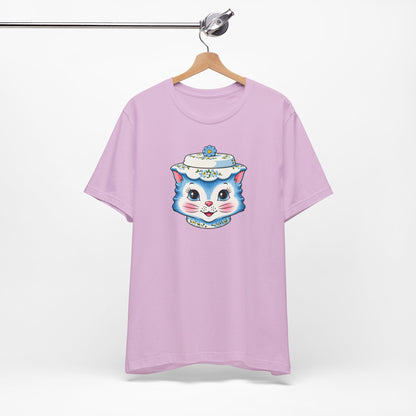 Mid Century Modern Kitschy Anthropomorphic Blue Cat with Floral Hat Unisex T-Shirt