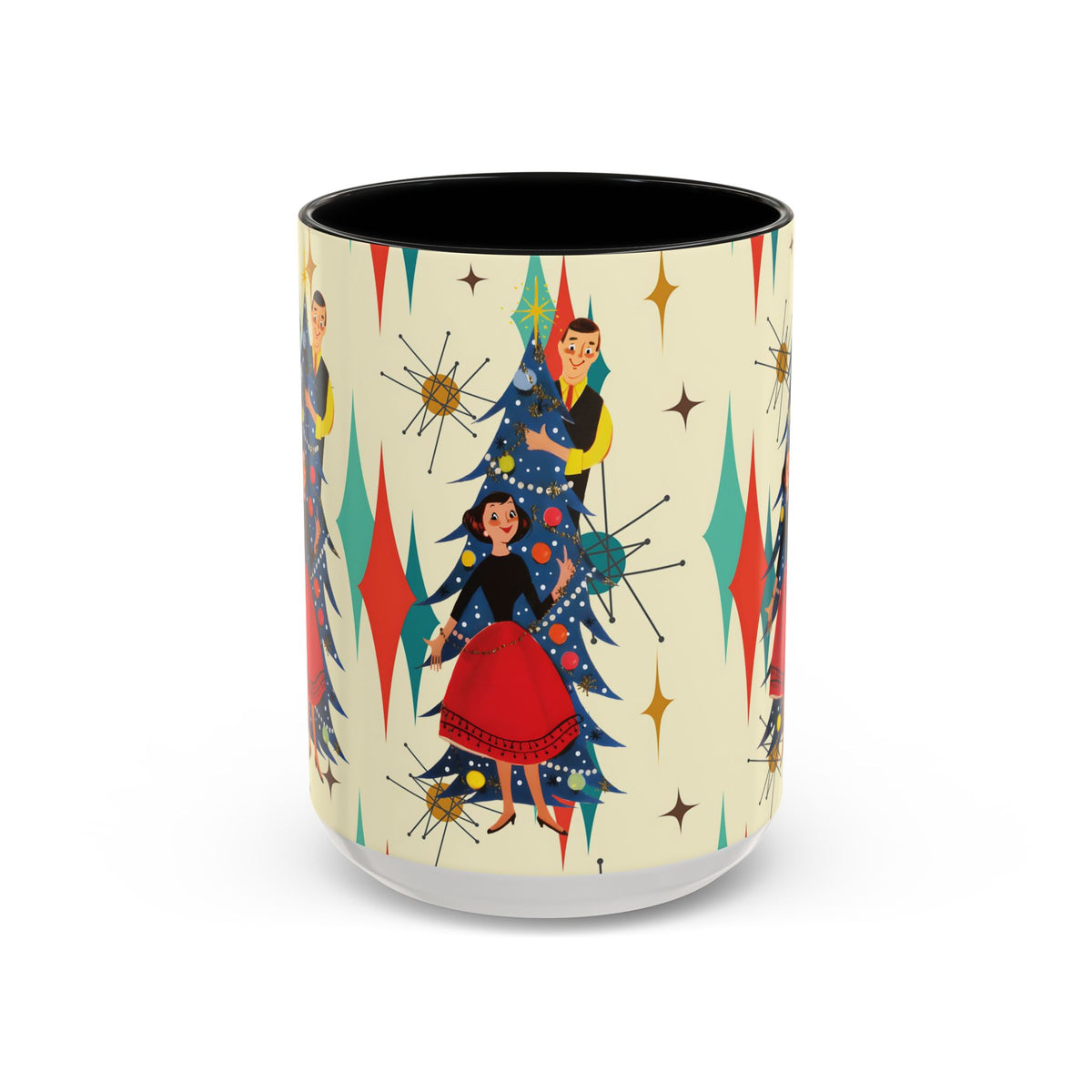 Mid Century Modern 50s Kitsch Christmas Starburst Coffee Mug featuring retro holiday design with festive characters and starburst patterns.
