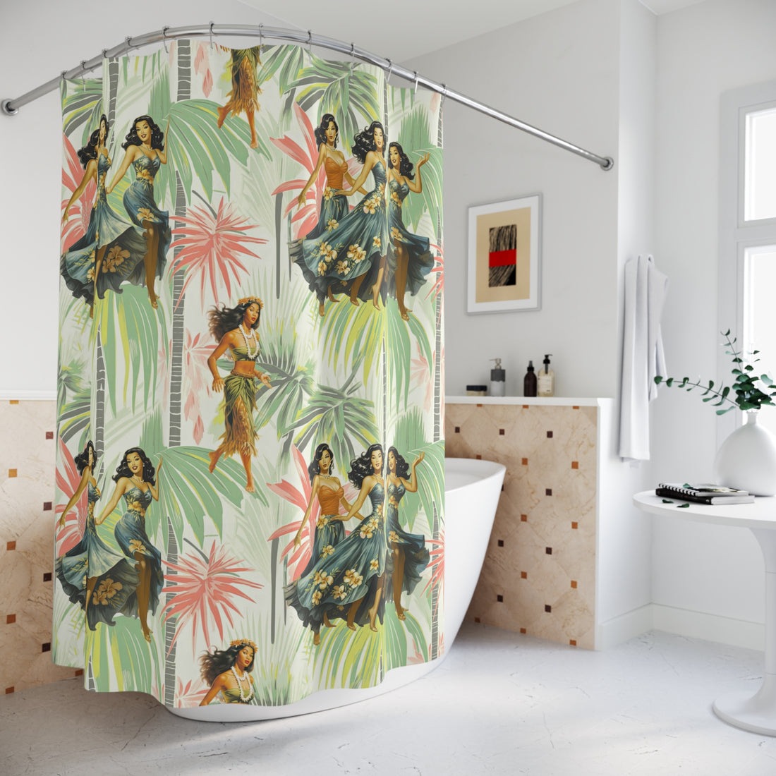 Vintage 1950’s, 60s Hawaiian Polynesian Dancers Mid Century Modern Style Shower Curtain - Mid Century Modern Gal