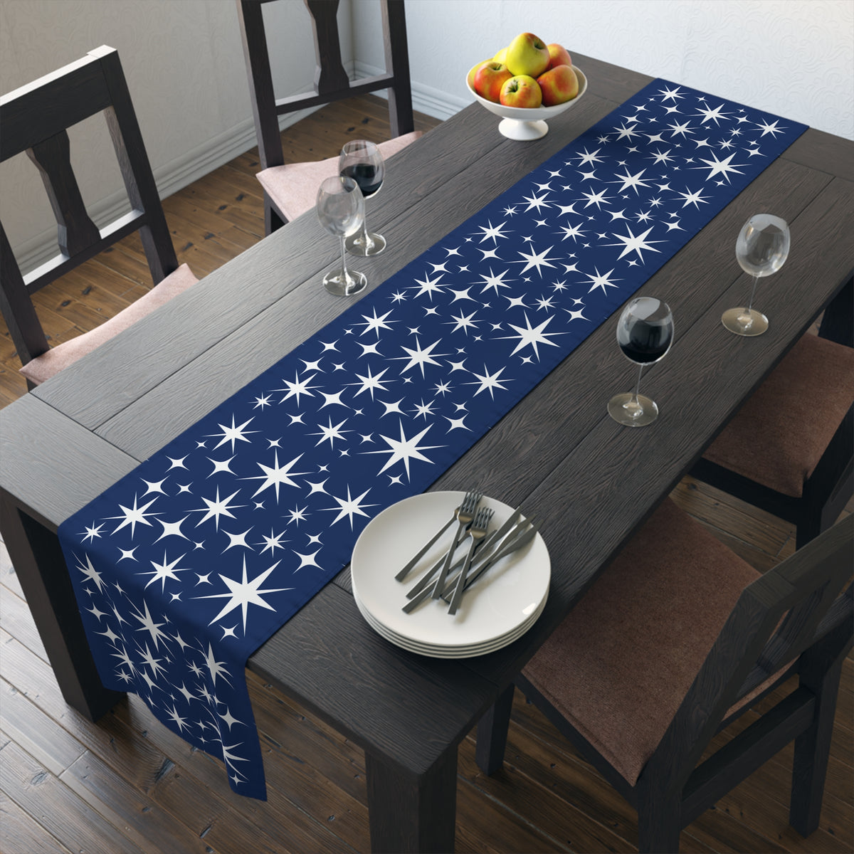 Navy Mid Mod Starburst Starry Night Table Runner - Elegant Mod Decor - Mid Century Modern Gal